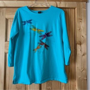 Sabaku Shirt Womens Medium Blue Dragonfly Graphic Southwest Tunic 3/4 Sleeve USA